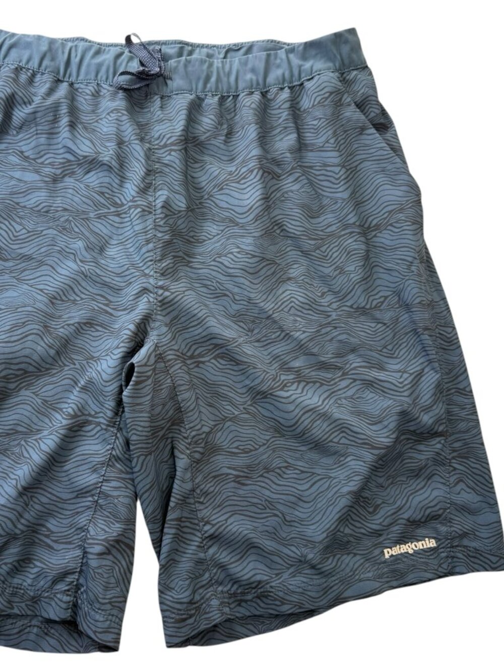Men's Patagonia Shorts Blue / Black Wavy Lines Pattern. Size XL.  Zip Pocket